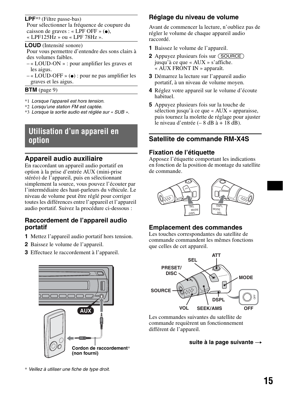 Utilisation d’un appareil en option, Appareil audio auxiliaire, Satellite de commande rm-x4s | Raccordement de l’appareil audio portatif, Réglage du niveau de volume, Fixation de l’étiquette, Emplacement des commandes | Sony CDX-GT420U User Manual | Page 57 / 112