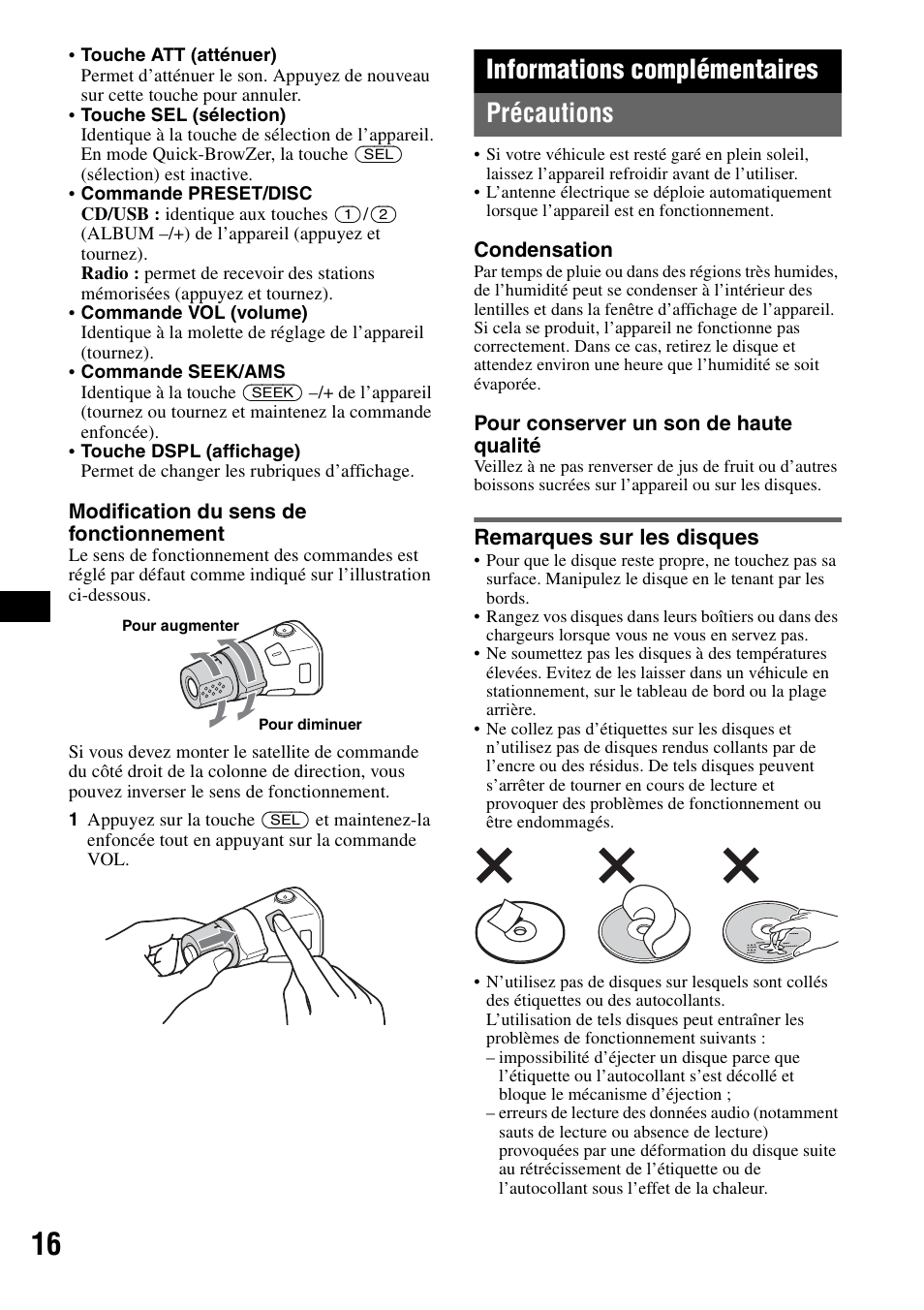 Informations complémentaires, Précautions, Remarques sur les disques | Informations complémentaires précautions | Sony CDX-GT420U User Manual | Page 58 / 112