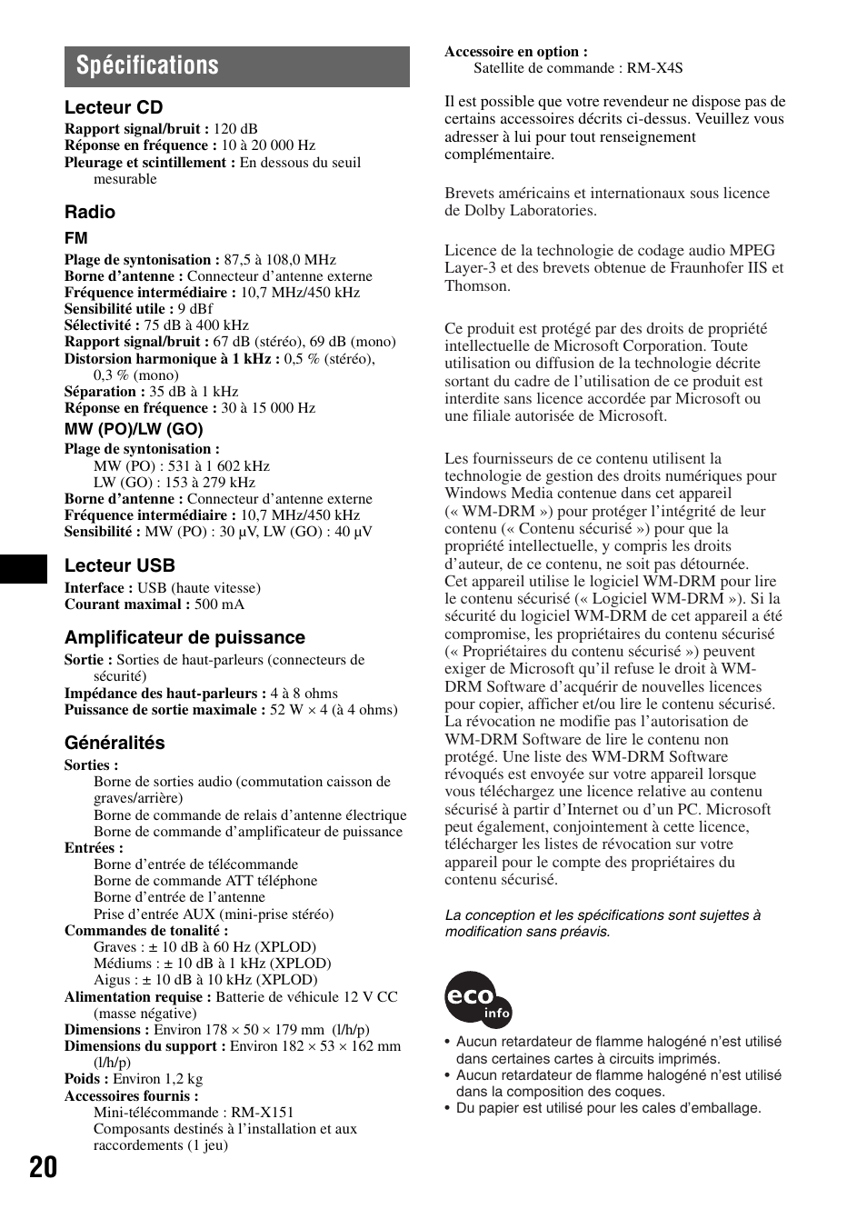 Spécifications | Sony CDX-GT420U User Manual | Page 62 / 112