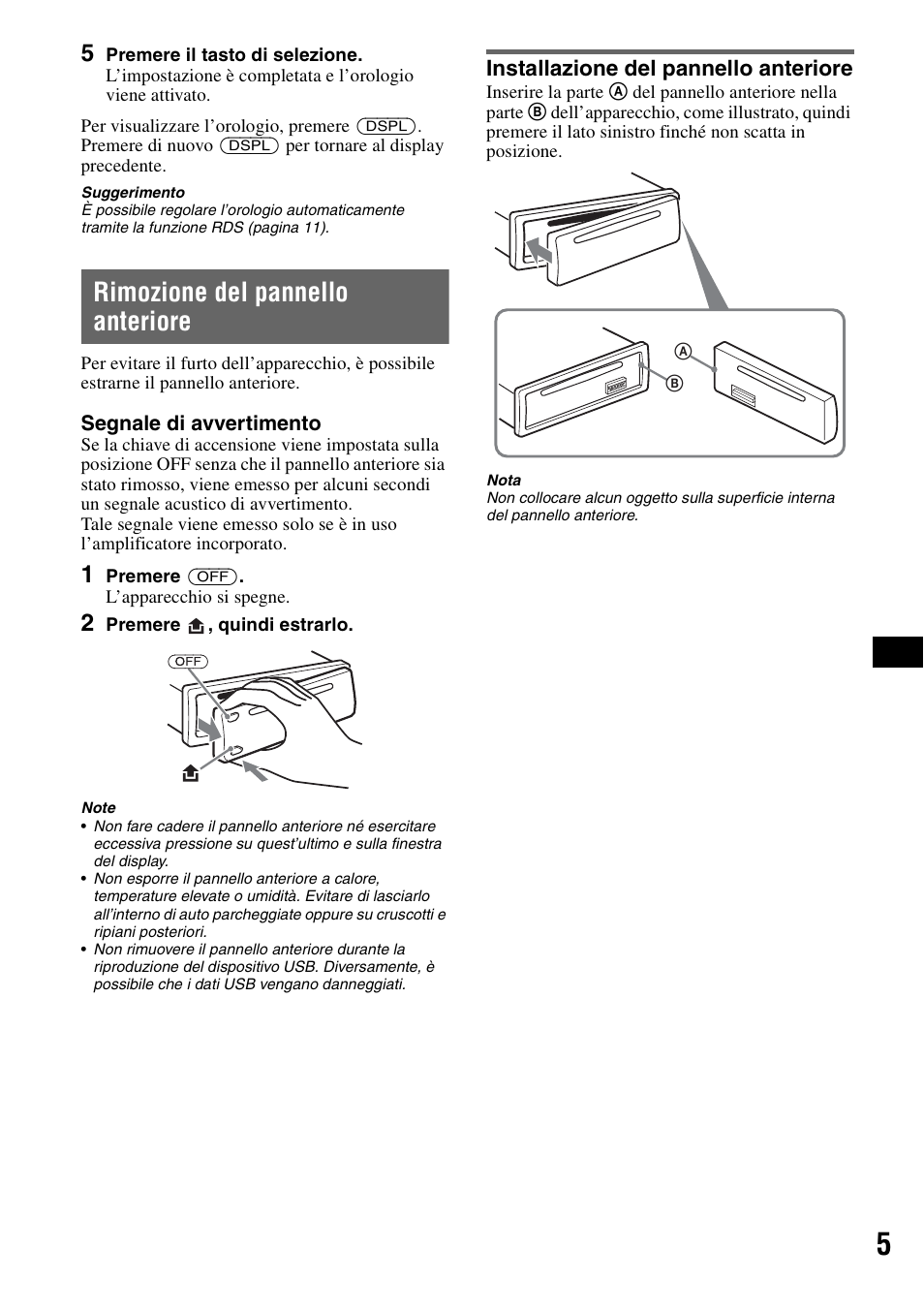 Rimozione del pannello anteriore, Installazione del pannello anteriore | Sony CDX-GT420U User Manual | Page 69 / 112