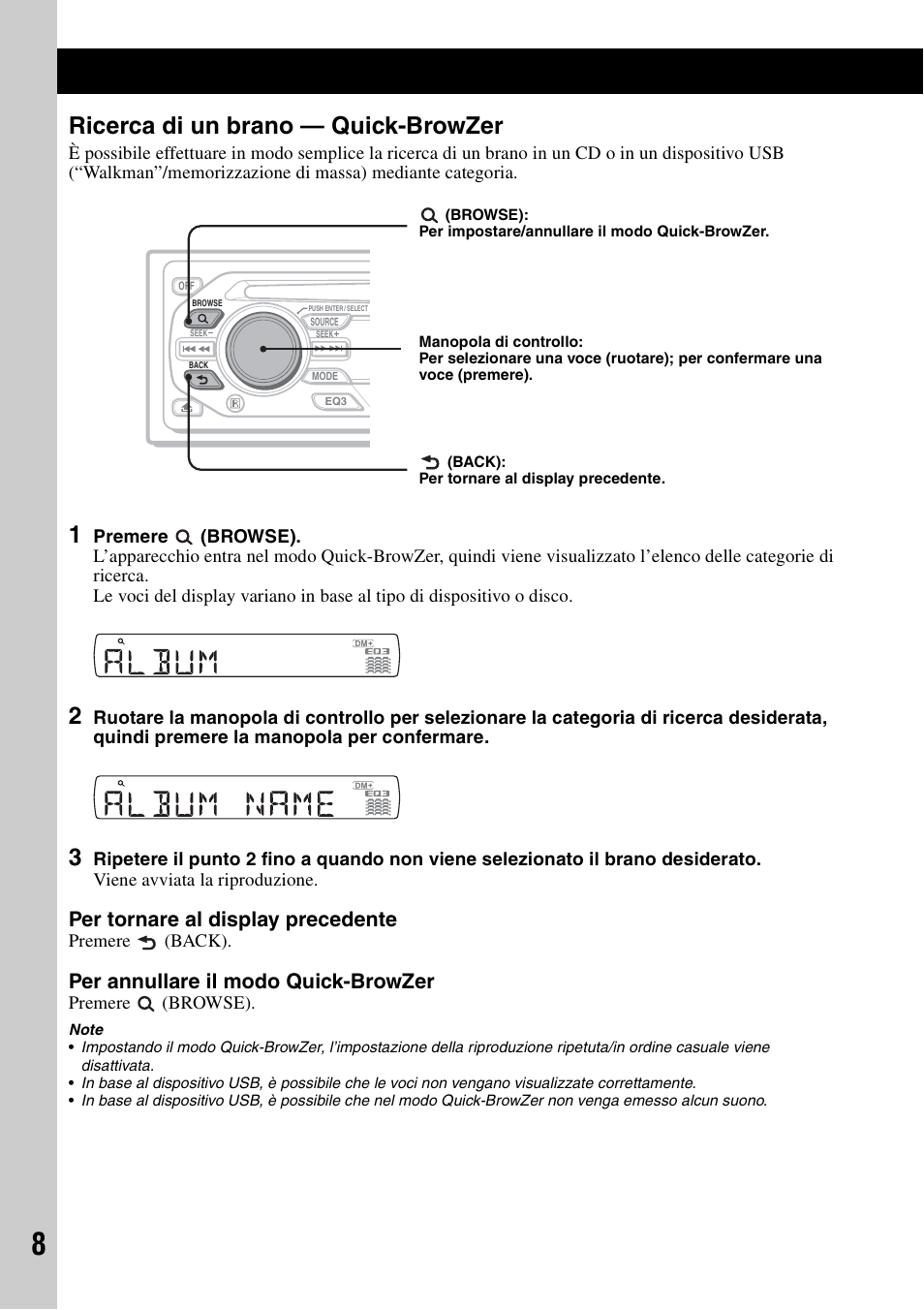 Ricerca di un brano - quick-browzer, Ricerca di un brano — quick-browzer, Per tornare al display precedente | Per annullare il modo quick-browzer | Sony CDX-GT420U User Manual | Page 72 / 112