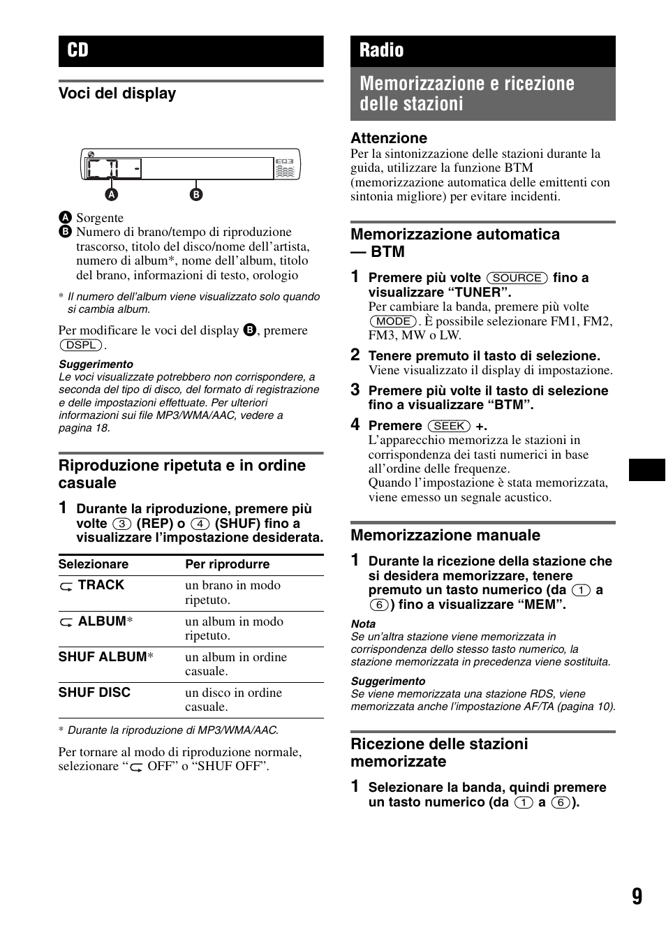 Voci del display, Riproduzione ripetuta e in ordine casuale, Radio | Memorizzazione e ricezione delle stazioni, Memorizzazione automatica - btm, Memorizzazione manuale, Ricezione delle stazioni memorizzate | Sony CDX-GT420U User Manual | Page 73 / 112