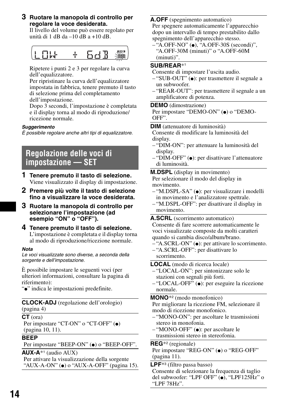 Regolazione delle voci di impostazione - set, Regolazione delle voci di impostazione — set | Sony CDX-GT420U User Manual | Page 78 / 112