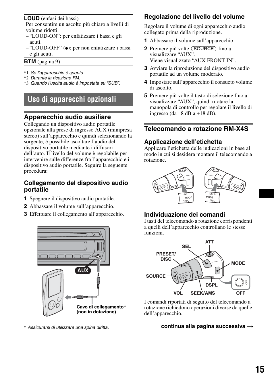 Uso di apparecchi opzionali, Apparecchio audio ausiliare, Telecomando a rotazione rm-x4s | Collegamento del dispositivo audio portatile, Regolazione del livello del volume, Applicazione dell’etichetta, Individuazione dei comandi | Sony CDX-GT420U User Manual | Page 79 / 112