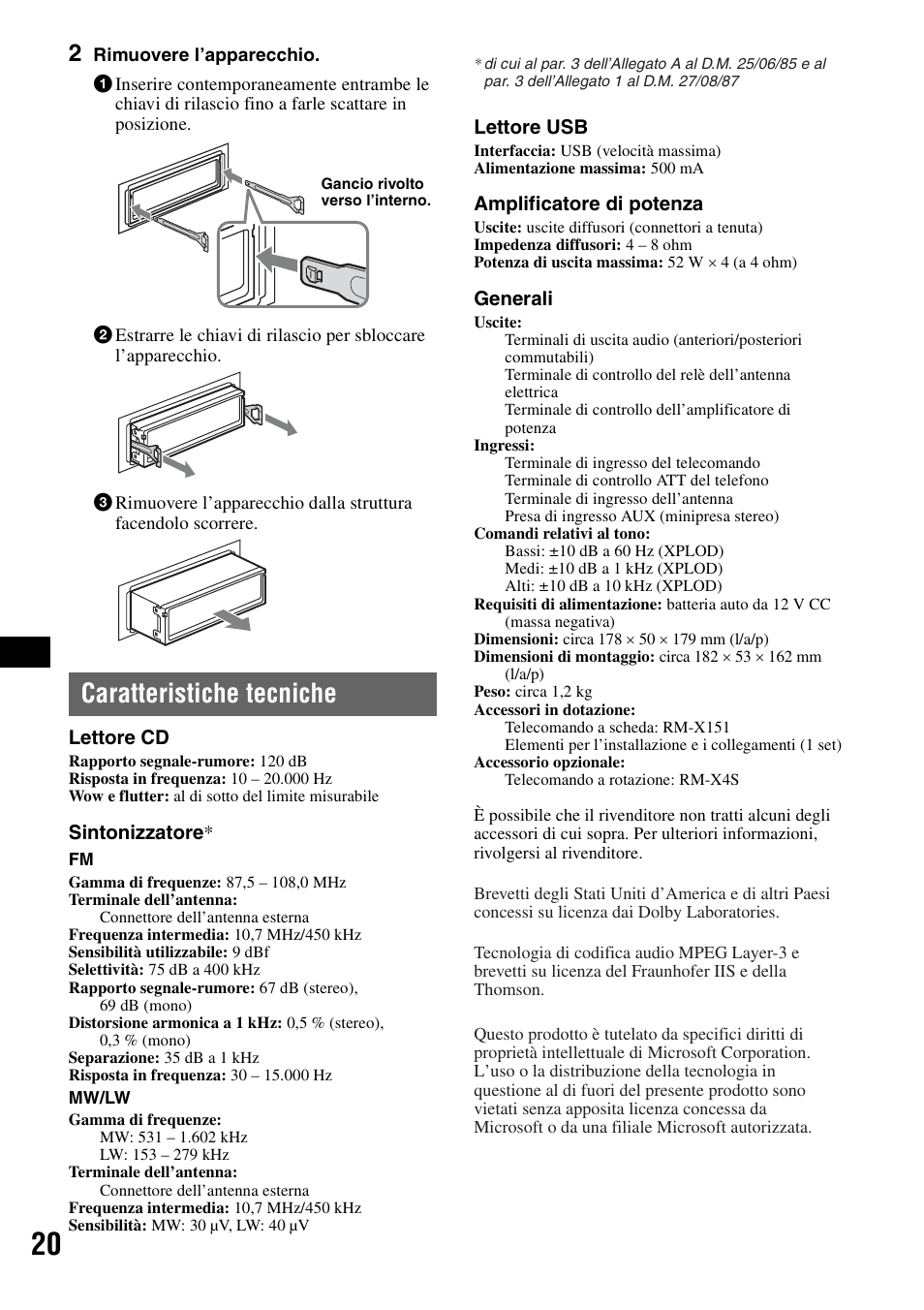 Caratteristiche tecniche | Sony CDX-GT420U User Manual | Page 84 / 112