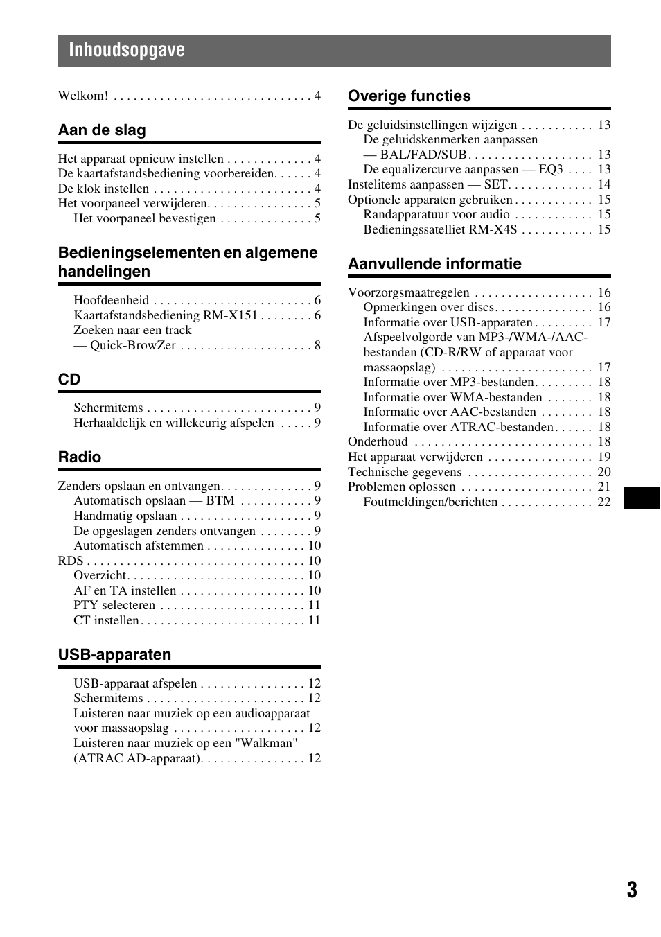 Inhoudsopgave | Sony CDX-GT420U User Manual | Page 89 / 112