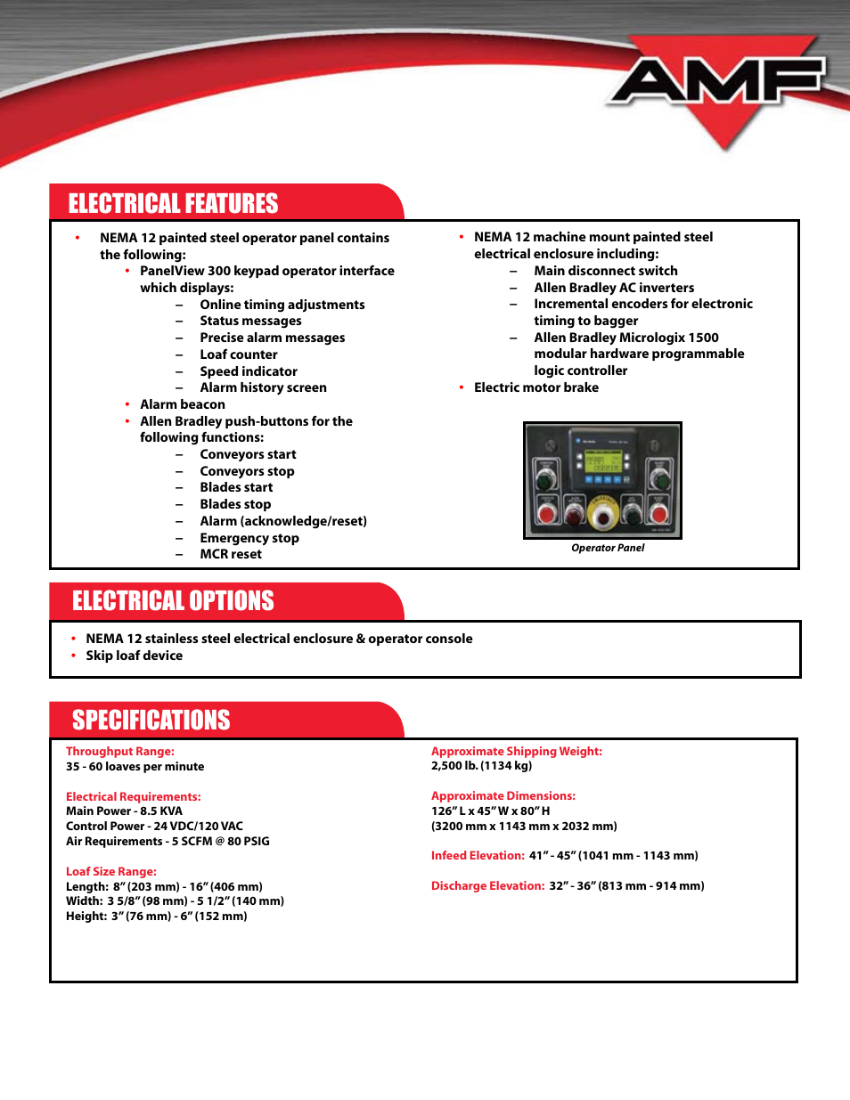 Electrical features, Electrical options, Specifications | AMF Saber 60 User Manual | Page 3 / 4