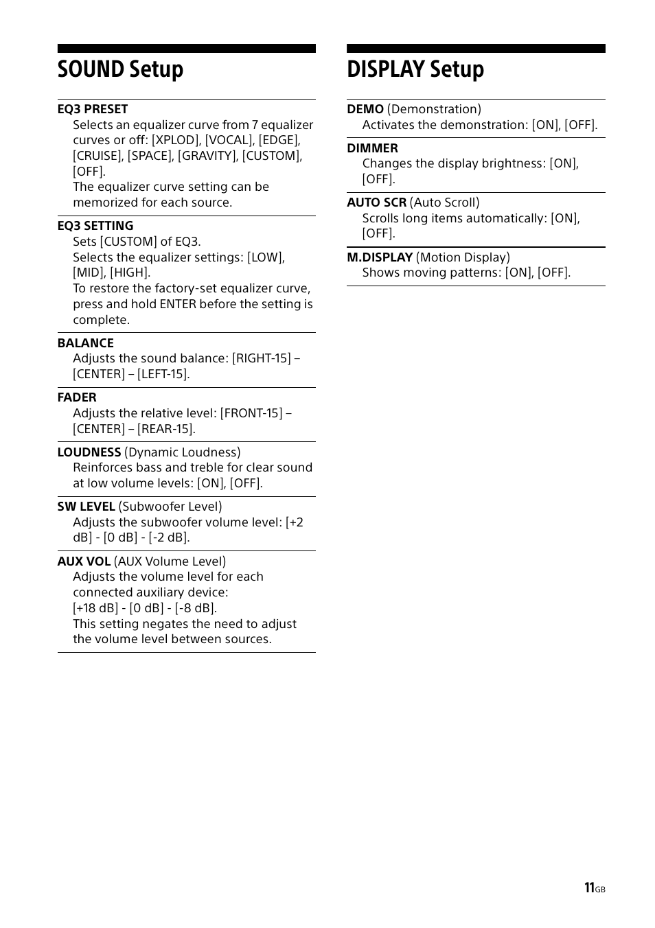 Sound setup, Eq3 preset, Eq3 setting | Display setup, Eq3 preset eq3 setting, Sound setup display setup | Sony CDX-G1000U User Manual | Page 11 / 84