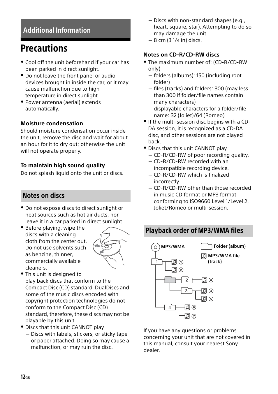 Additional information, Precautions | Sony CDX-G1000U User Manual | Page 12 / 84