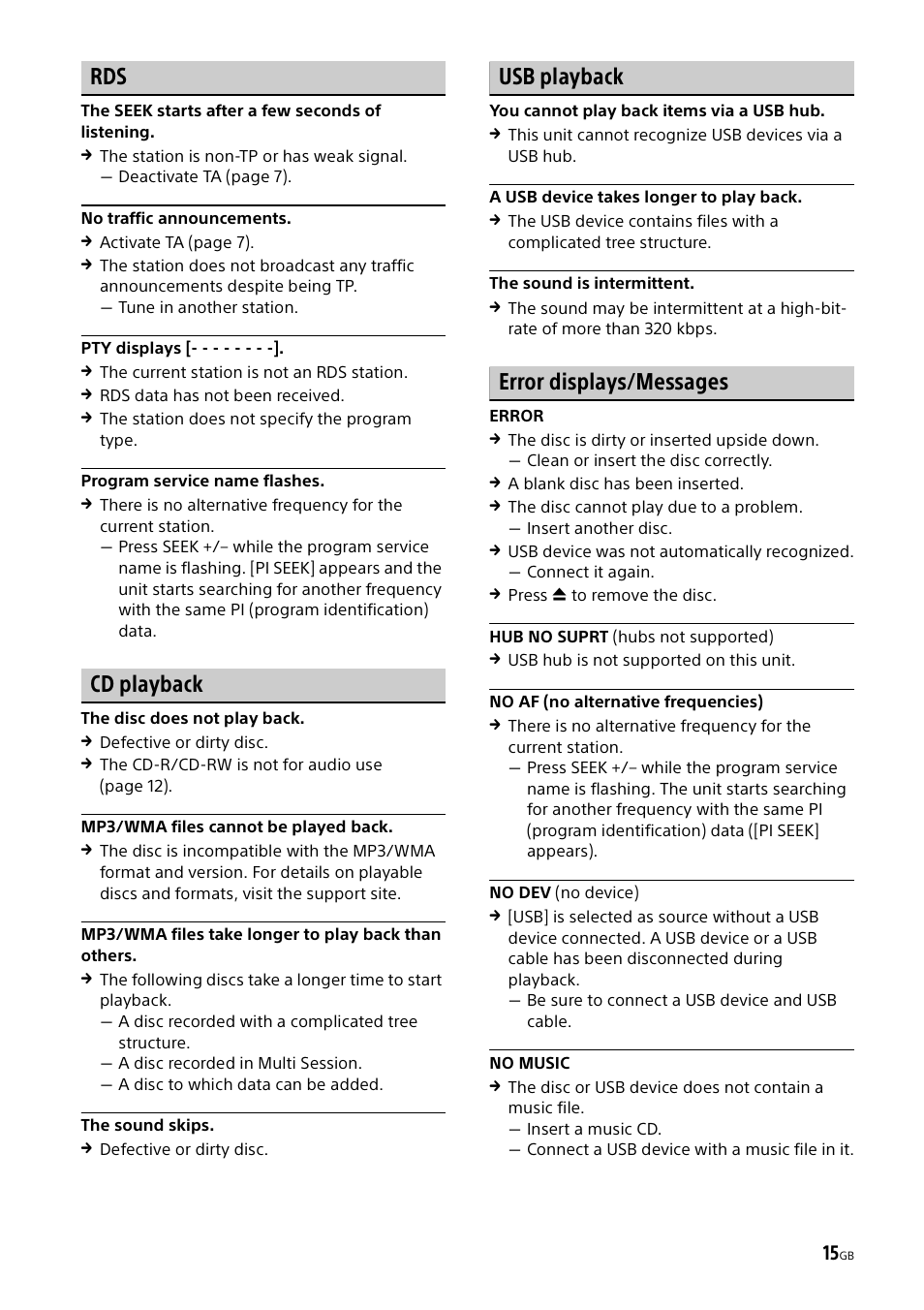 Cd playback, Usb playback, Error displays/messages | Sony CDX-G1000U User Manual | Page 15 / 84