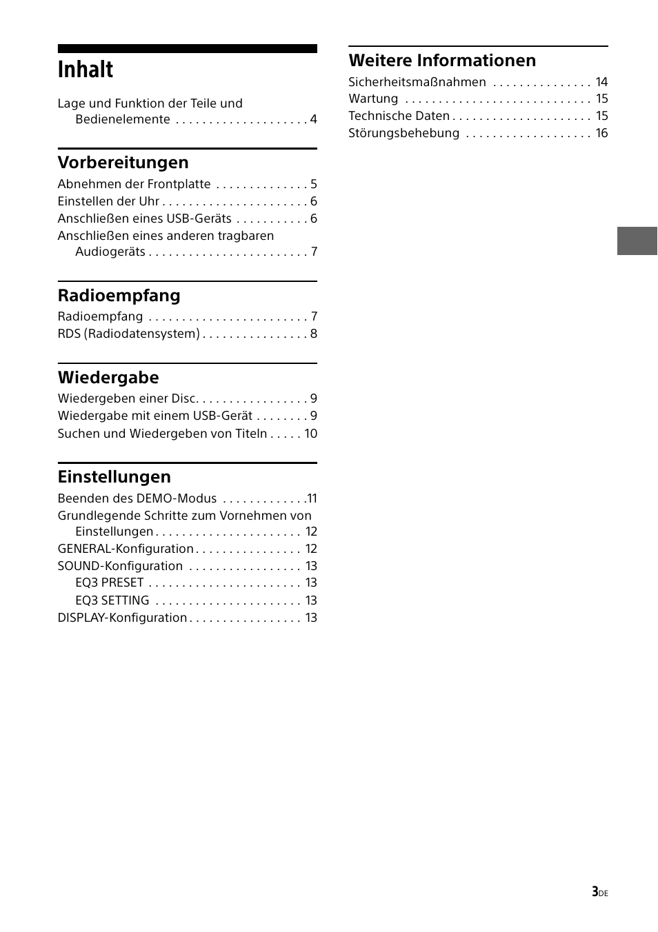 Inhalt, Vorbereitungen, Radioempfang | Wiedergabe, Einstellungen, Weitere informationen | Sony CDX-G1000U User Manual | Page 19 / 84