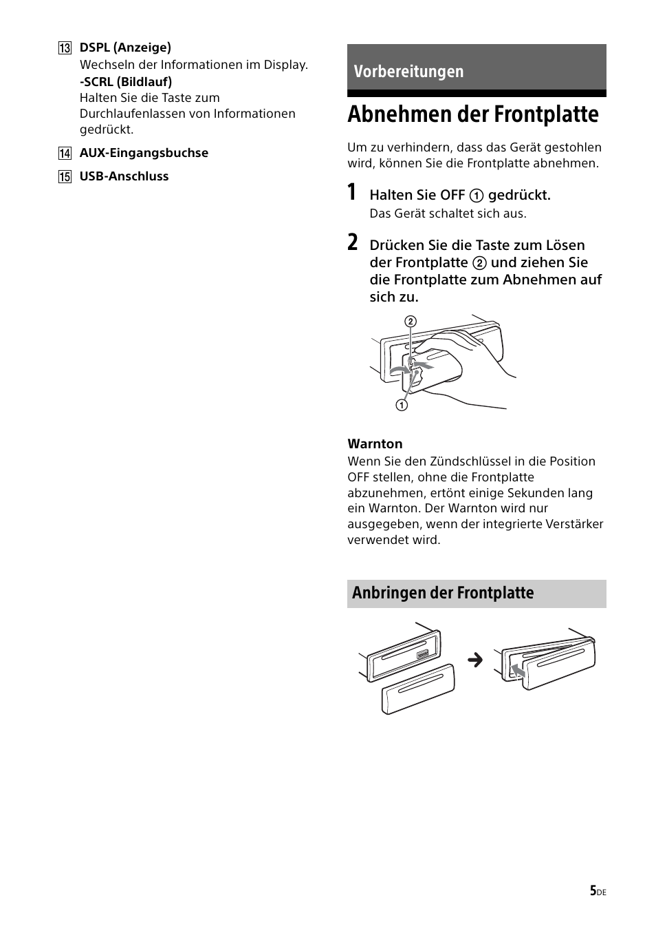Vorbereitungen, Abnehmen der frontplatte | Sony CDX-G1000U User Manual | Page 21 / 84
