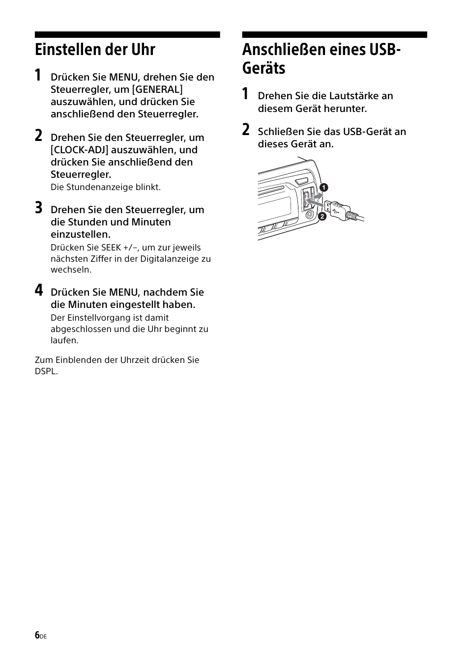 Einstellen der uhr, Anschließen eines usb-geräts, Einstellen der uhr anschließen eines usb-geräts | Einstellen der uhr 1, Anschließen eines usb- geräts 1 | Sony CDX-G1000U User Manual | Page 22 / 84