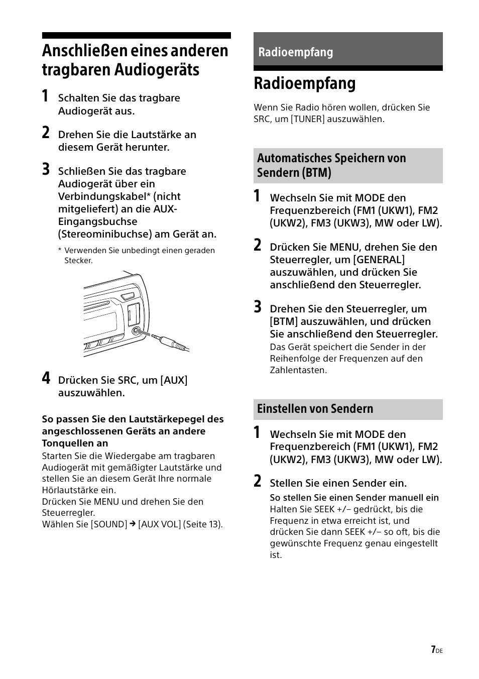 Anschließen eines anderen tragbaren audiogeräts, Radioempfang, Anschließen eines anderen tragbaren | Audiogeräts, Anschließen eines anderen tragbaren audiogeräts 1 | Sony CDX-G1000U User Manual | Page 23 / 84