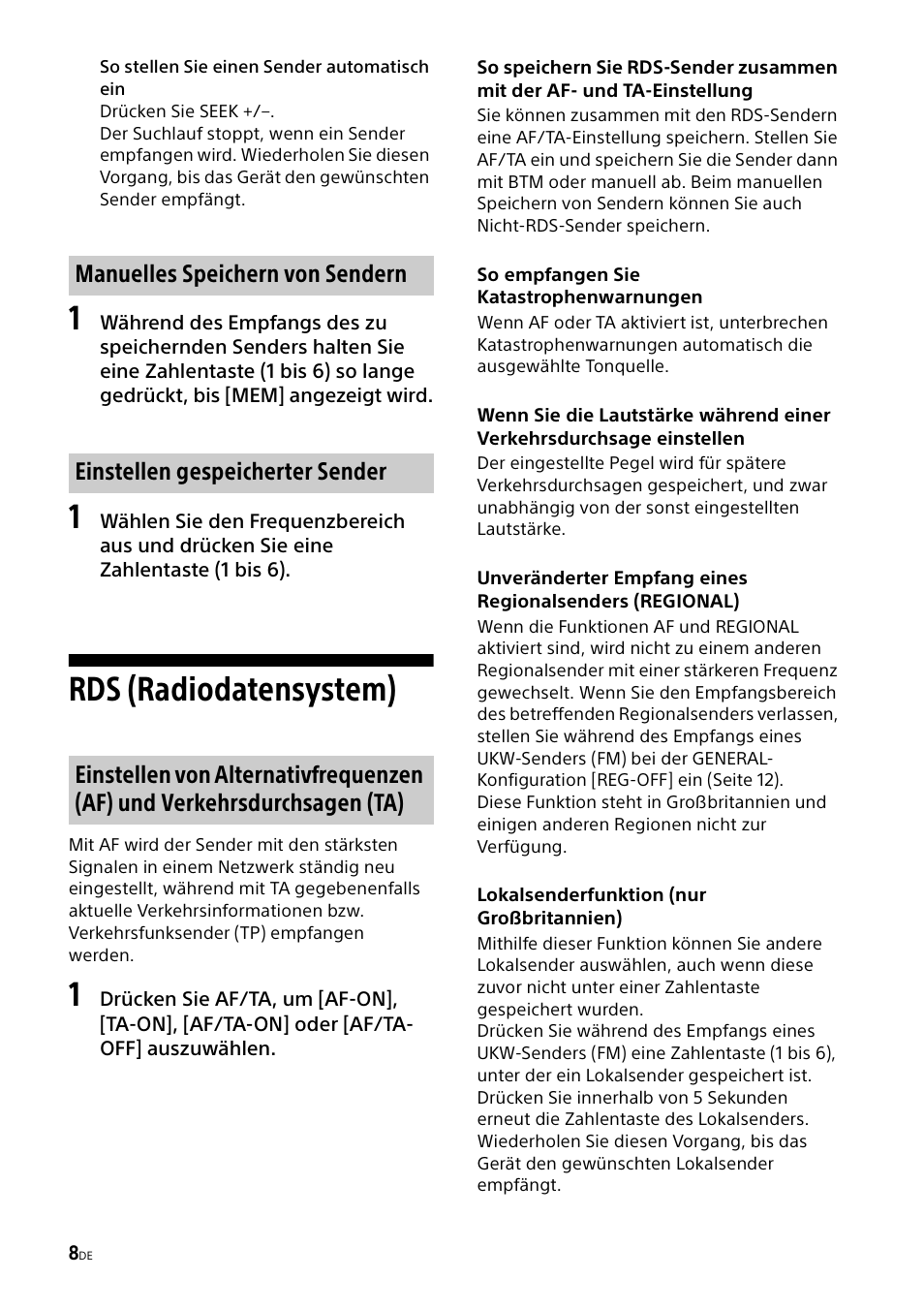 Rds (radiodatensystem) | Sony CDX-G1000U User Manual | Page 24 / 84