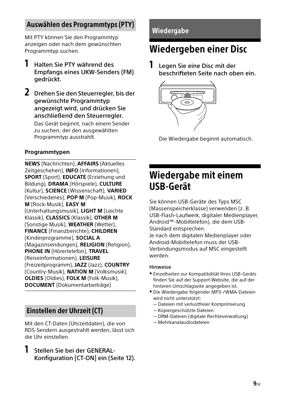 Wiedergabe, Wiedergeben einer disc, Wiedergabe mit einem usb-gerät | Wiedergeben einer disc 1 | Sony CDX-G1000U User Manual | Page 25 / 84