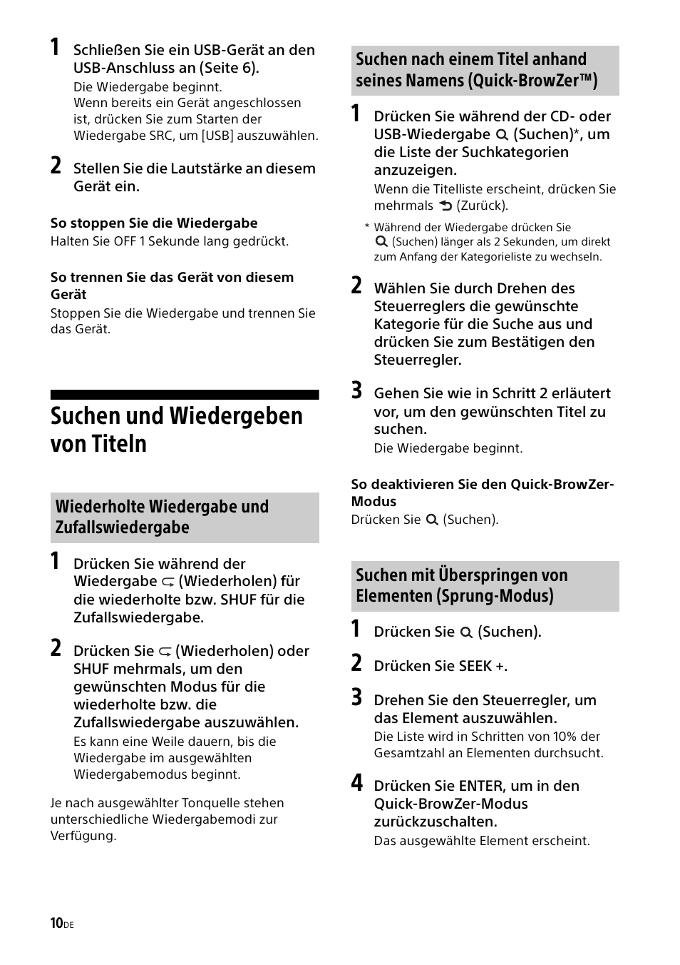 Suchen und wiedergeben von titeln, Suchen und wiedergeben von titeln 1 | Sony CDX-G1000U User Manual | Page 26 / 84