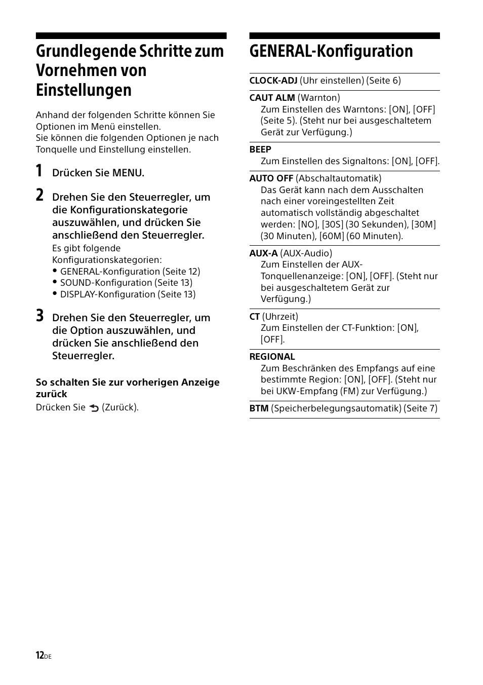 General-konfiguration, Grundlegende schritte zum vornehmen von, Einstellungen | Sony CDX-G1000U User Manual | Page 28 / 84