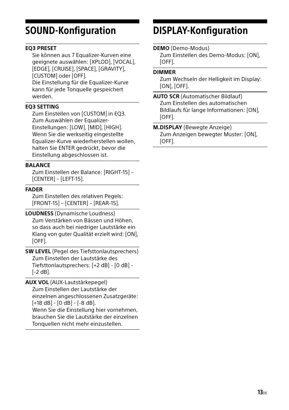 Sound-konfiguration, Eq3 preset, Eq3 setting | Display-konfiguration, Eq3 preset eq3 setting, Ion (seite 13, Ion (seite 13), Sound-konfiguration display-konfiguration | Sony CDX-G1000U User Manual | Page 29 / 84