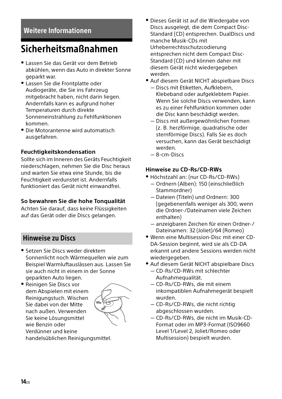 Weitere informationen, Sicherheitsmaßnahmen, Weitere informationen hinweise zu discs | Sony CDX-G1000U User Manual | Page 30 / 84