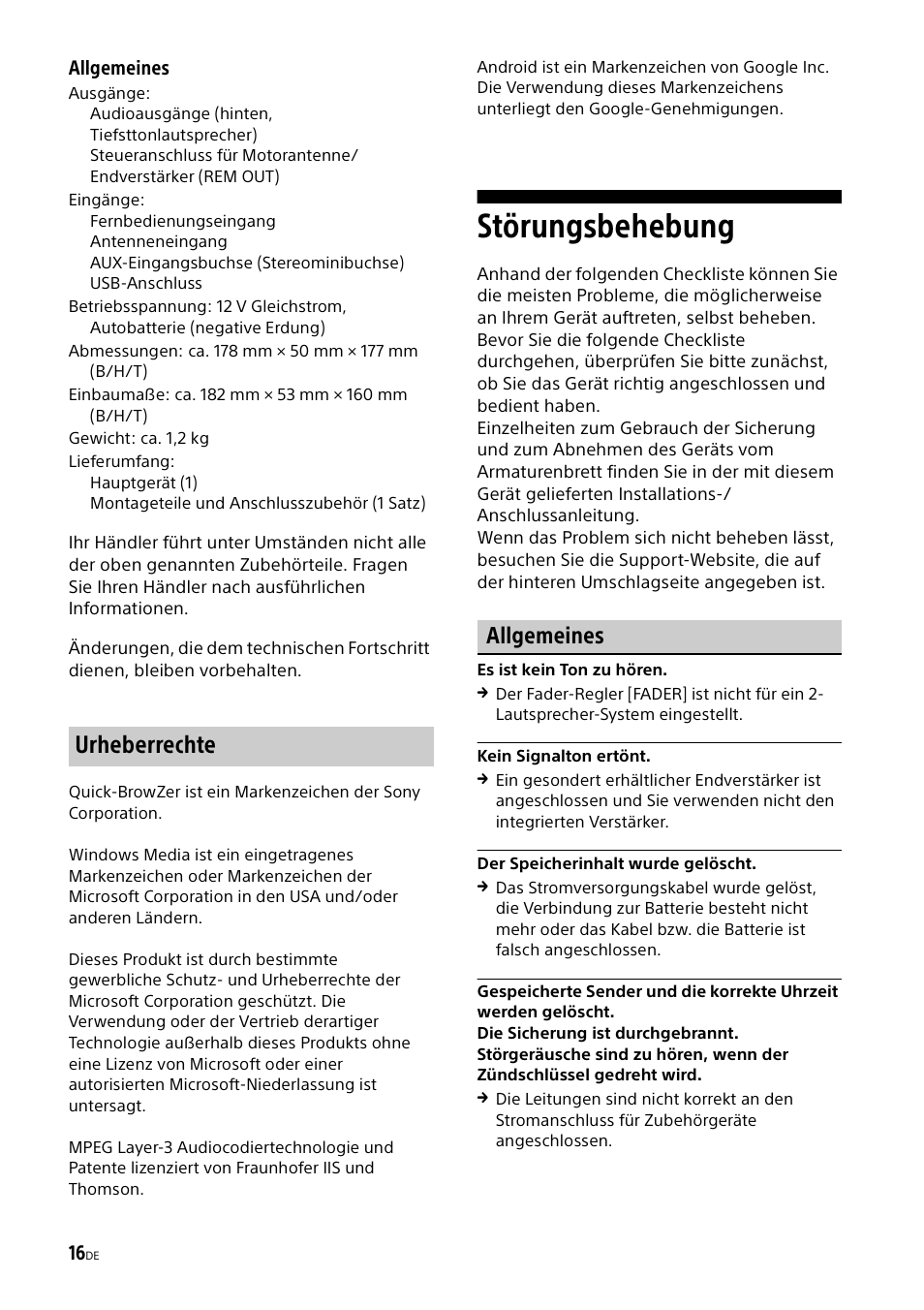 Störungsbehebung, Urheberrechte, Allgemeines | Sony CDX-G1000U User Manual | Page 32 / 84
