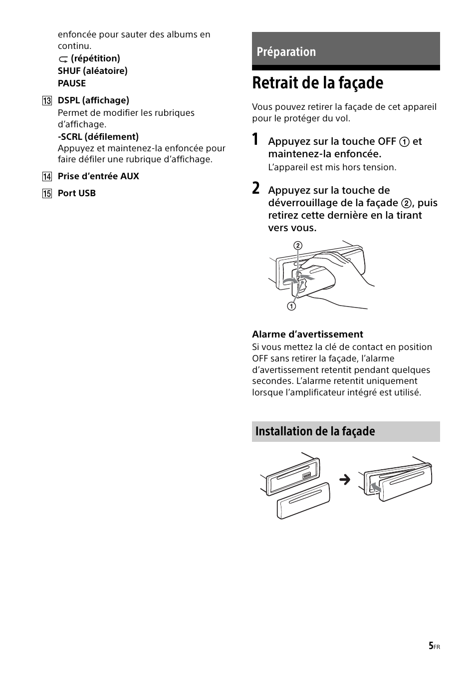 Préparation, Retrait de la façade | Sony CDX-G1000U User Manual | Page 39 / 84