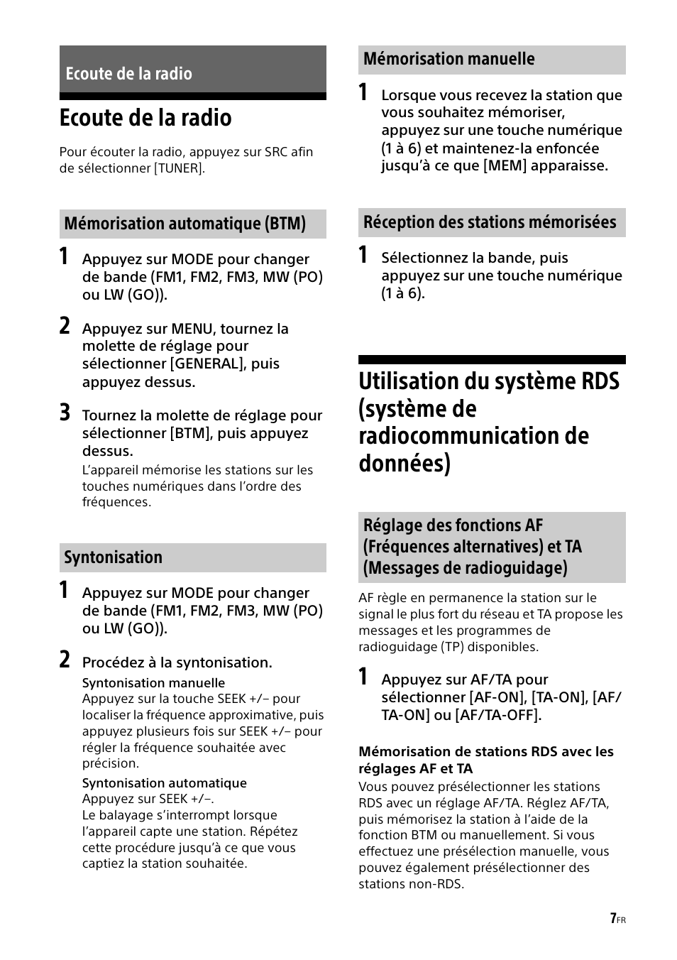 Ecoute de la radio, Radiocommunication de données) | Sony CDX-G1000U User Manual | Page 41 / 84