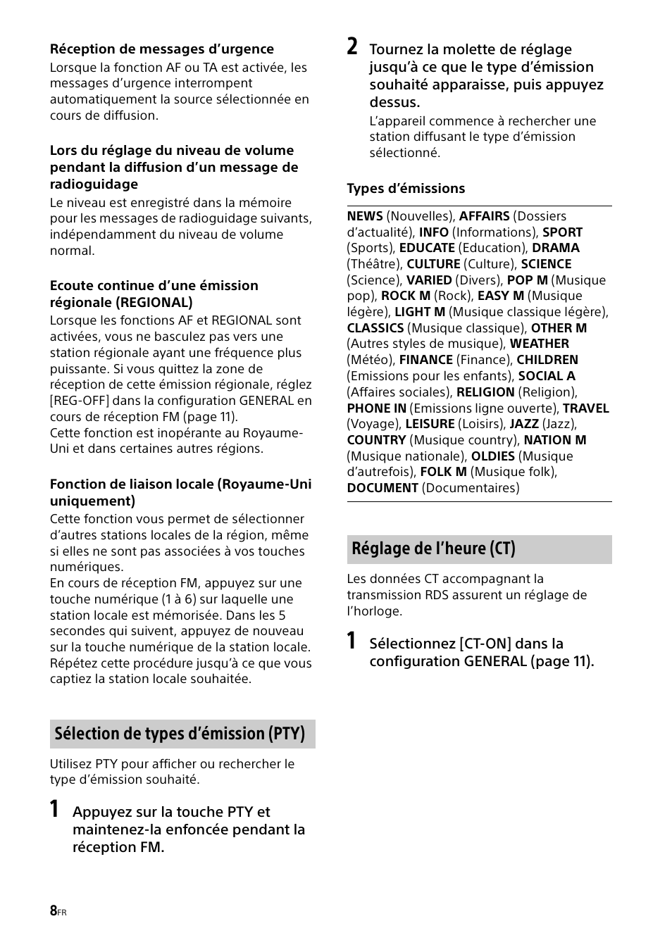Sélection de types d’émission (pty), Réglage de l’heure (ct) | Sony CDX-G1000U User Manual | Page 42 / 84