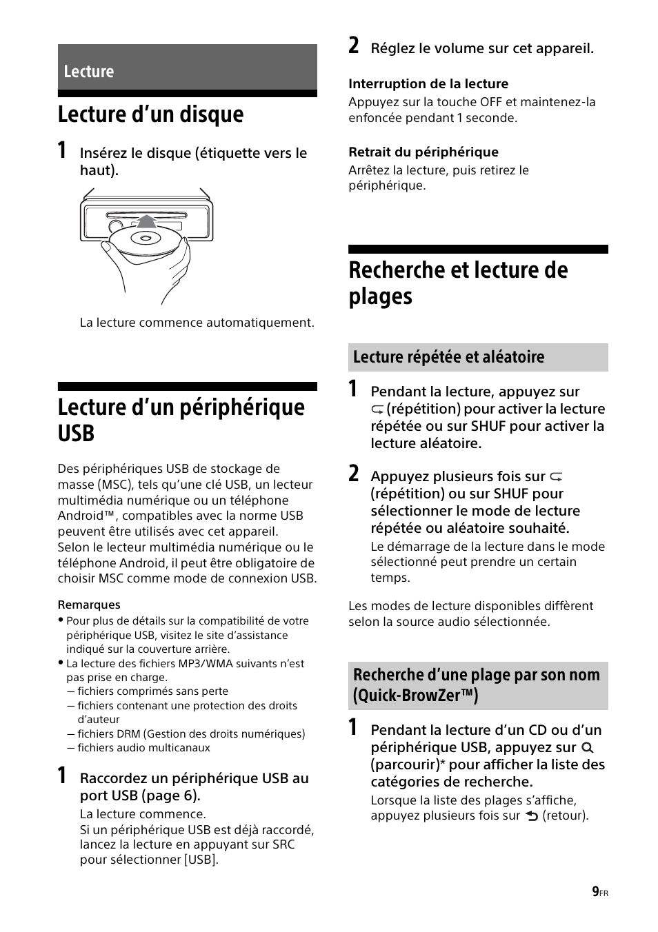 Lecture, Lecture d’un disque, Lecture d’un périphérique usb | Recherche et lecture de plages, Lecture d’un disque 1, Recherche et lecture de plages 1 | Sony CDX-G1000U User Manual | Page 43 / 84