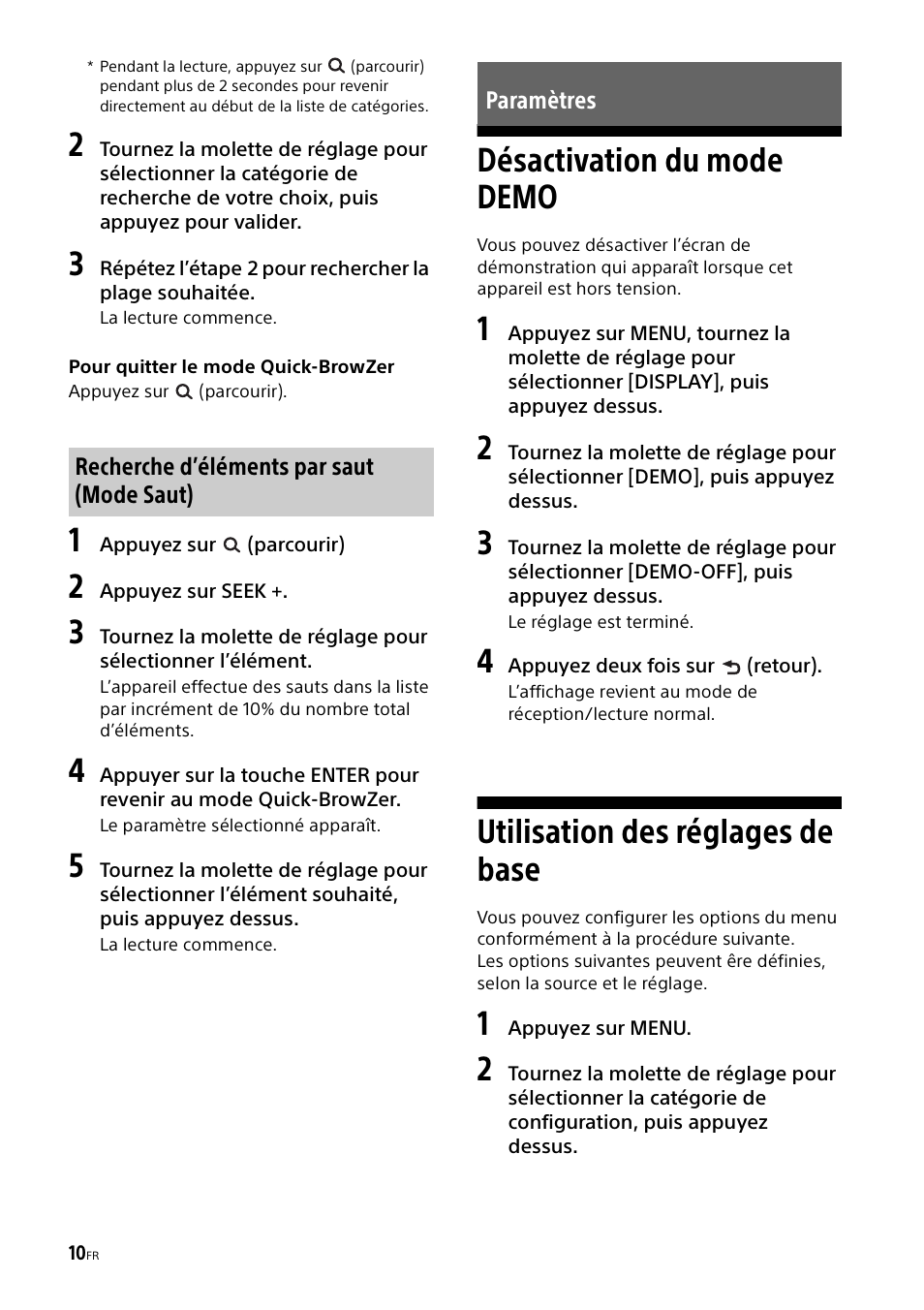 Paramètres, Désactivation du mode demo, Utilisation des réglages de base | Sony CDX-G1000U User Manual | Page 44 / 84