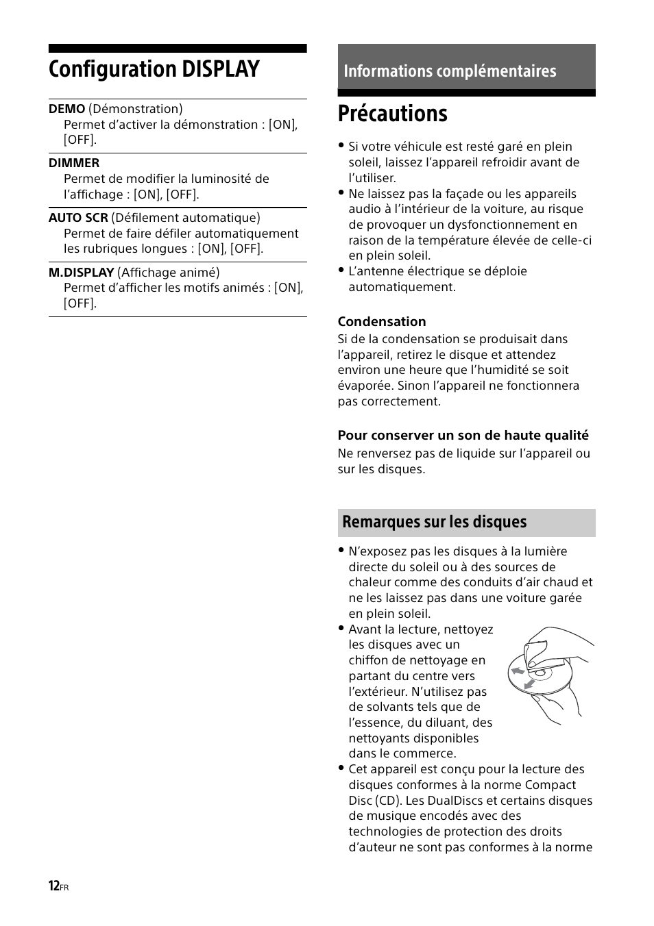 Configuration display, Informations complémentaires, Précautions | Configuration display précautions | Sony CDX-G1000U User Manual | Page 46 / 84