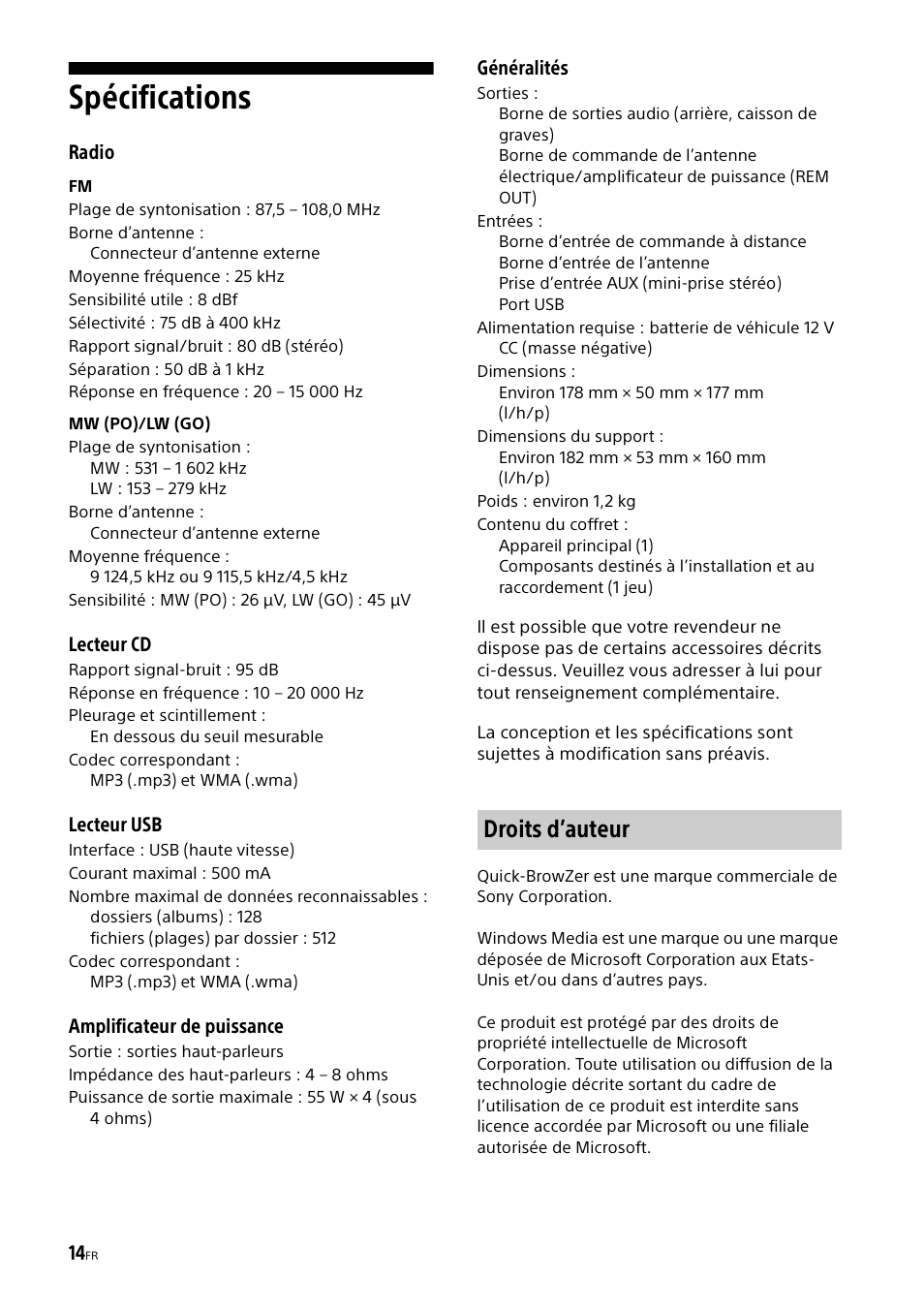 Spécifications, Droits d’auteur | Sony CDX-G1000U User Manual | Page 48 / 84