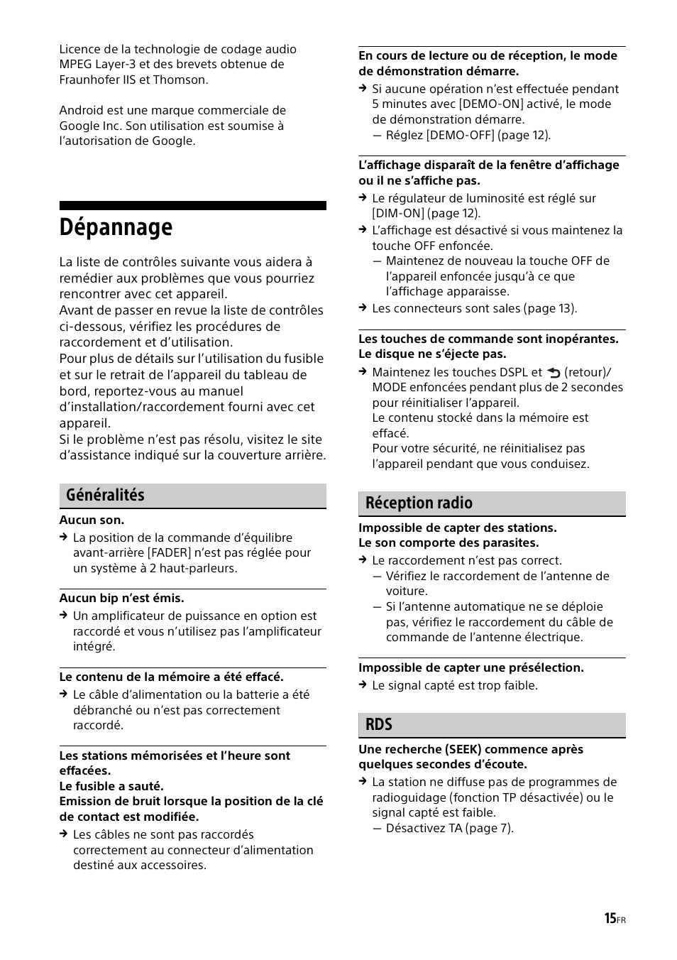 Dépannage, Généralités, Réception radio | Sony CDX-G1000U User Manual | Page 49 / 84