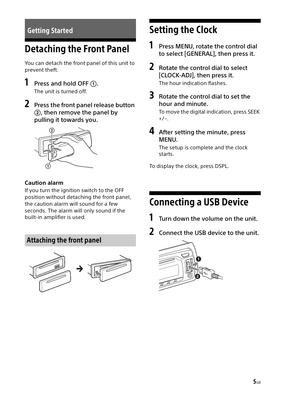Getting started, Detaching the front panel, Setting the clock | Connecting a usb device, Setting the clock 1, Connecting a usb device 1 | Sony CDX-G1000U User Manual | Page 5 / 84