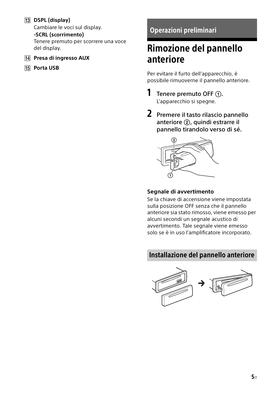Operazioni preliminari, Rimozione del pannello anteriore | Sony CDX-G1000U User Manual | Page 55 / 84