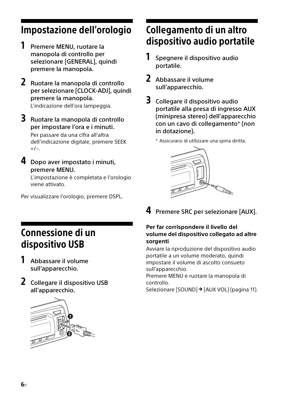 Impostazione dell’orologio, Connessione di un dispositivo usb, Portatile | Impostazione dell’orologio 1, Connessione di un dispositivo usb 1 | Sony CDX-G1000U User Manual | Page 56 / 84