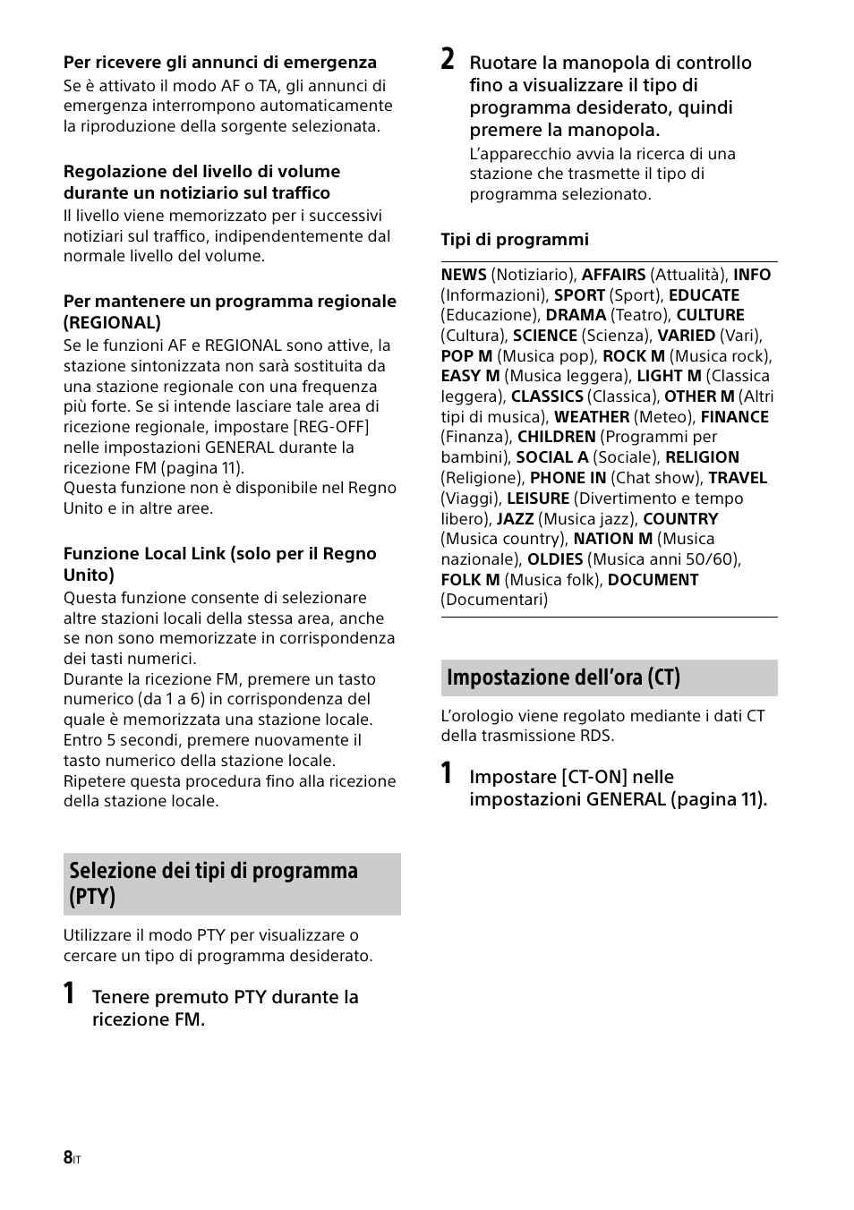 Selezione dei tipi di programma (pty), Impostazione dell’ora (ct) | Sony CDX-G1000U User Manual | Page 58 / 84