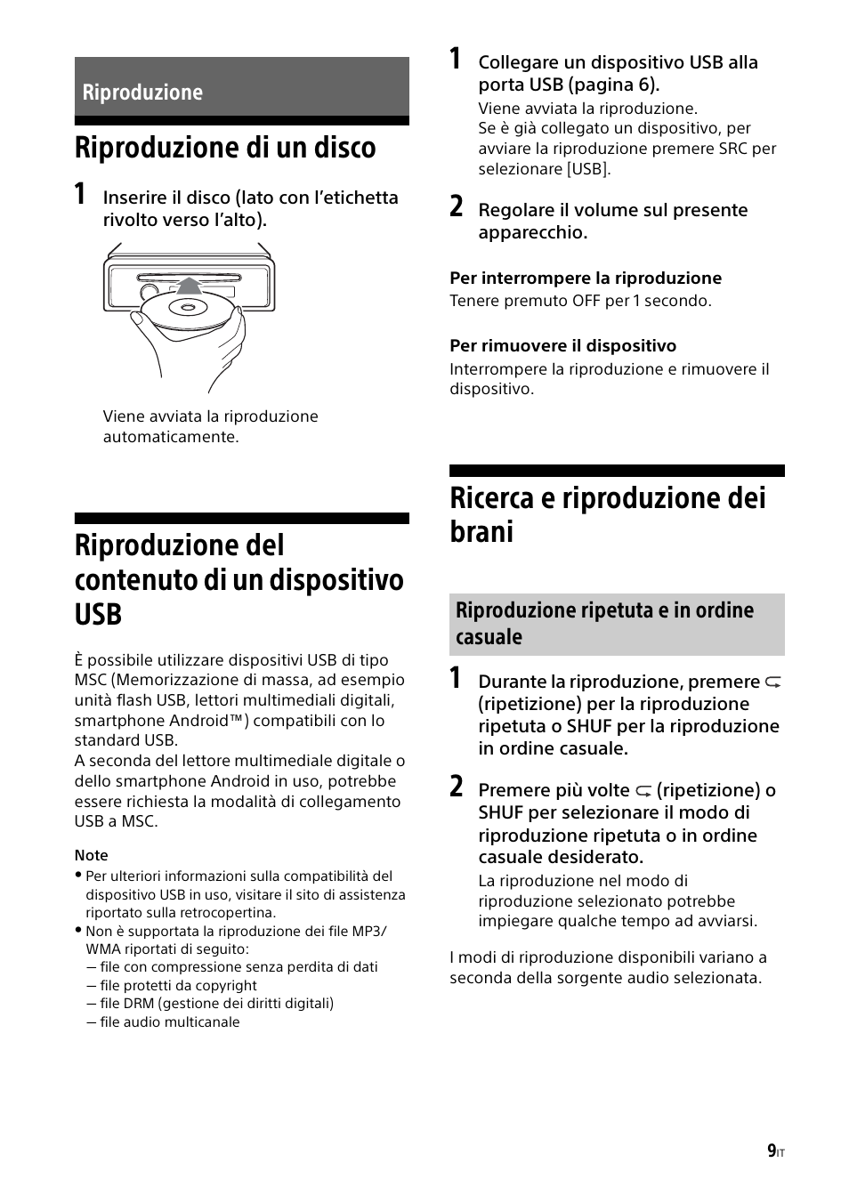 Riproduzione, Riproduzione di un disco, Riproduzione del contenuto di un dispositivo usb | Ricerca e riproduzione dei brani, Dispositivo usb, Riproduzione di un disco 1, Ricerca e riproduzione dei brani 1 | Sony CDX-G1000U User Manual | Page 59 / 84