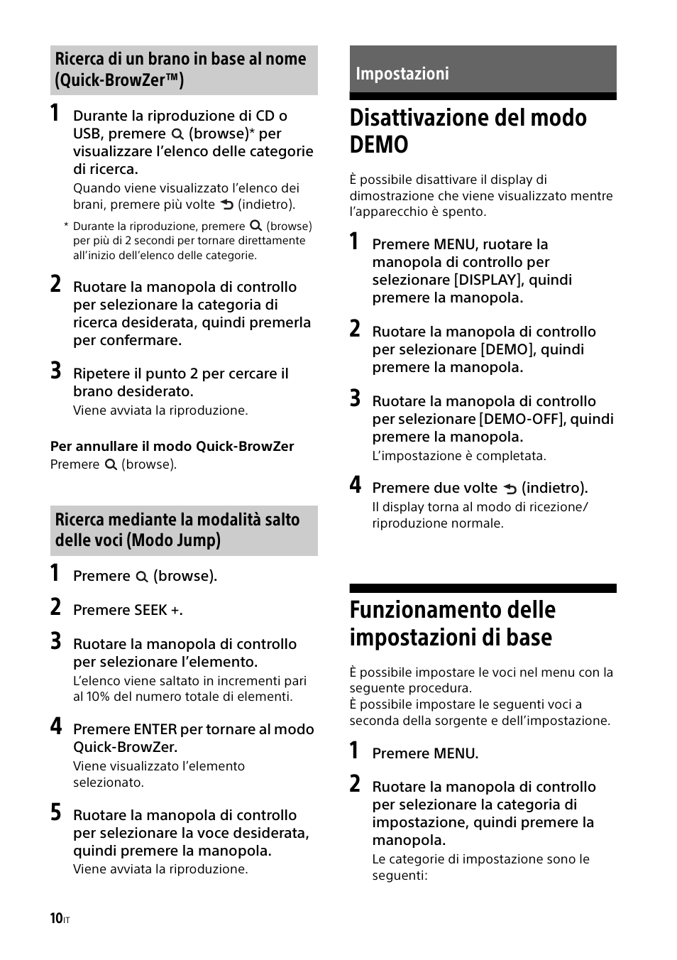 Impostazioni, Disattivazione del modo demo, Funzionamento delle impostazioni di base | Na 10, Base | Sony CDX-G1000U User Manual | Page 60 / 84