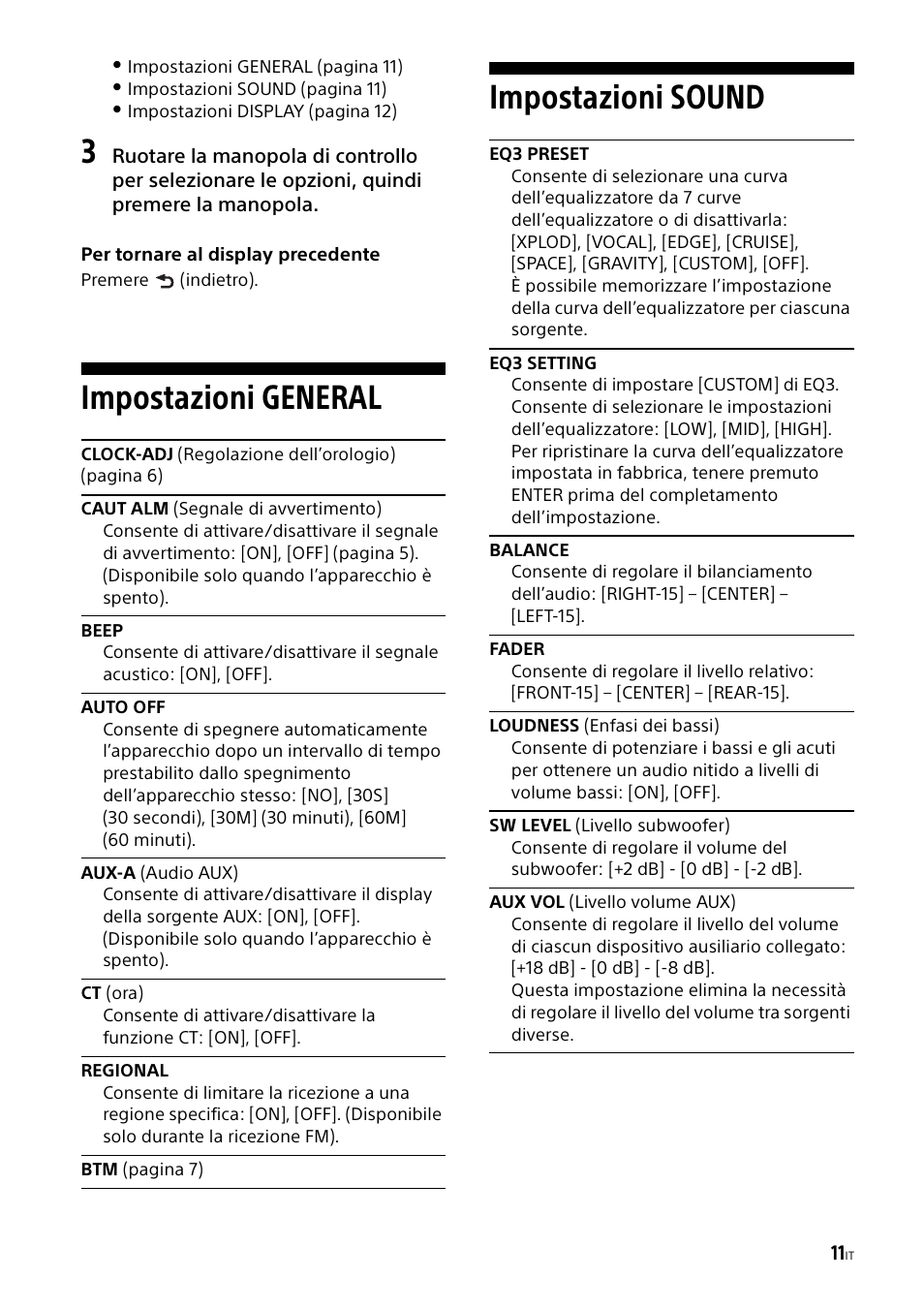 Impostazioni general, Impostazioni sound, Eq3 preset | Eq3 setting, Impostazioni general impostazioni sound, Eq3 preset eq3 setting | Sony CDX-G1000U User Manual | Page 61 / 84