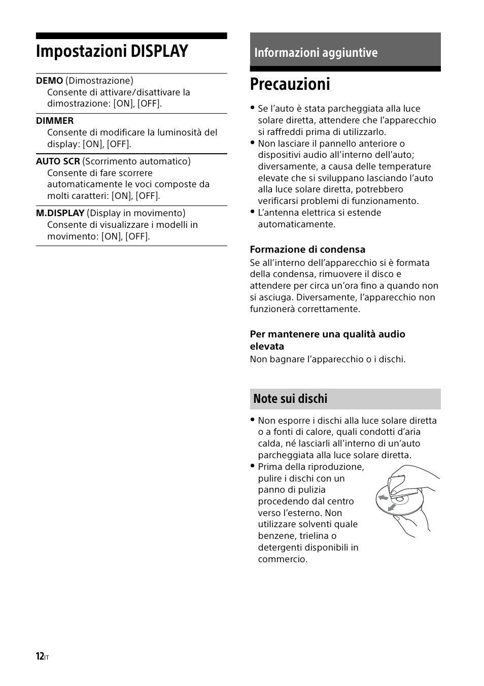 Impostazioni display, Informazioni aggiuntive, Precauzioni | Impostazioni display precauzioni | Sony CDX-G1000U User Manual | Page 62 / 84