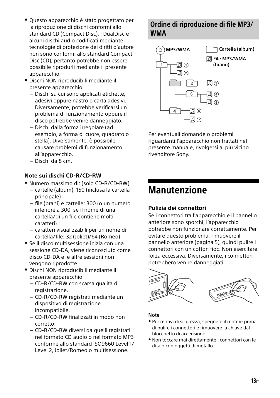 Manutenzione, Ordine di riproduzione di file mp3/ wma | Sony CDX-G1000U User Manual | Page 63 / 84