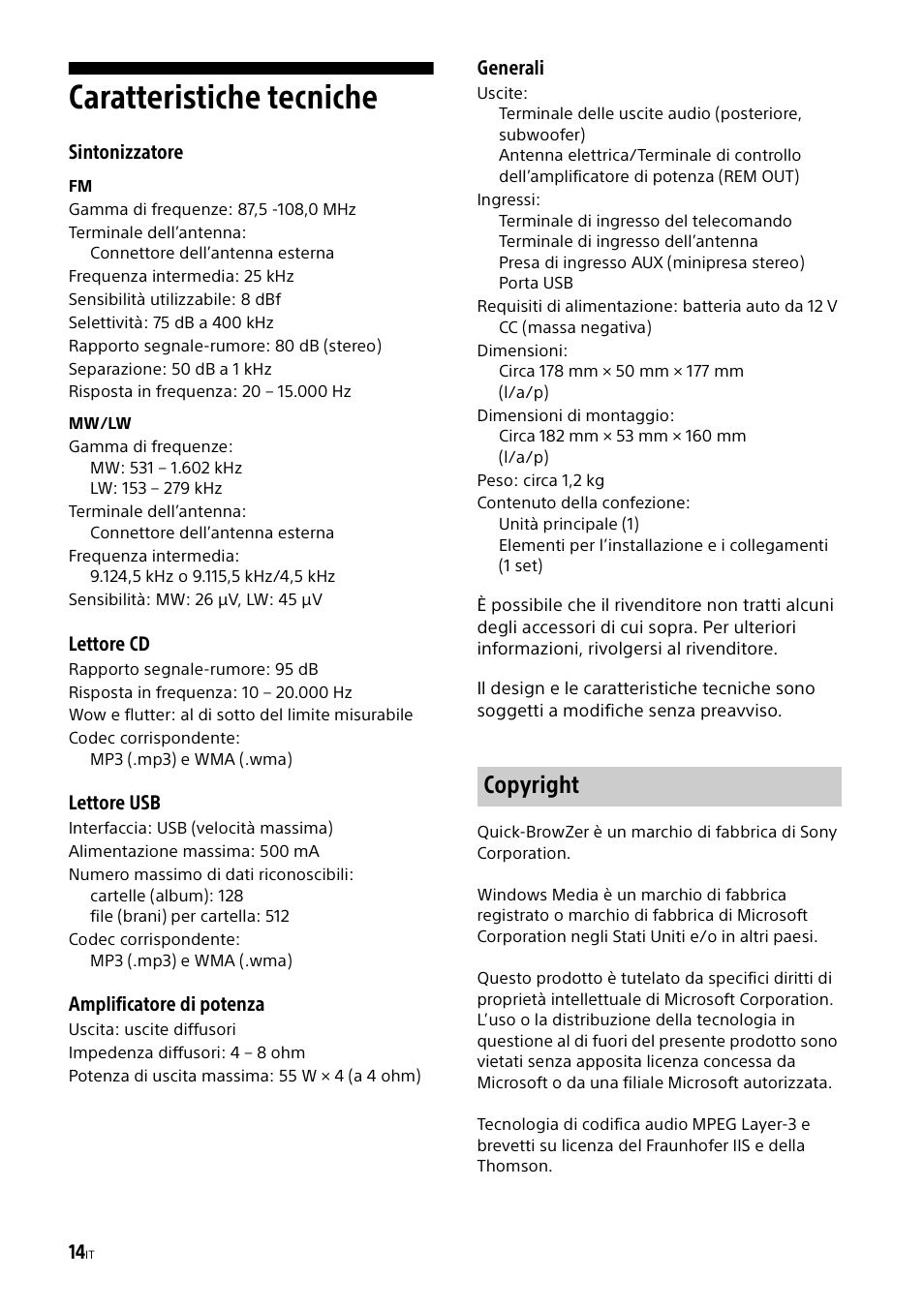 Caratteristiche tecniche, Copyright | Sony CDX-G1000U User Manual | Page 64 / 84