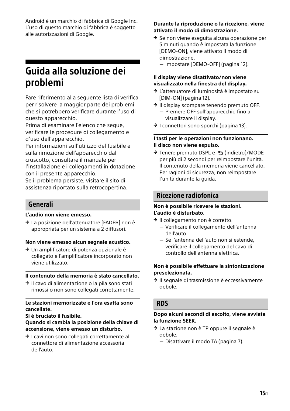 Guida alla soluzione dei problemi, Generali, Ricezione radiofonica | Sony CDX-G1000U User Manual | Page 65 / 84