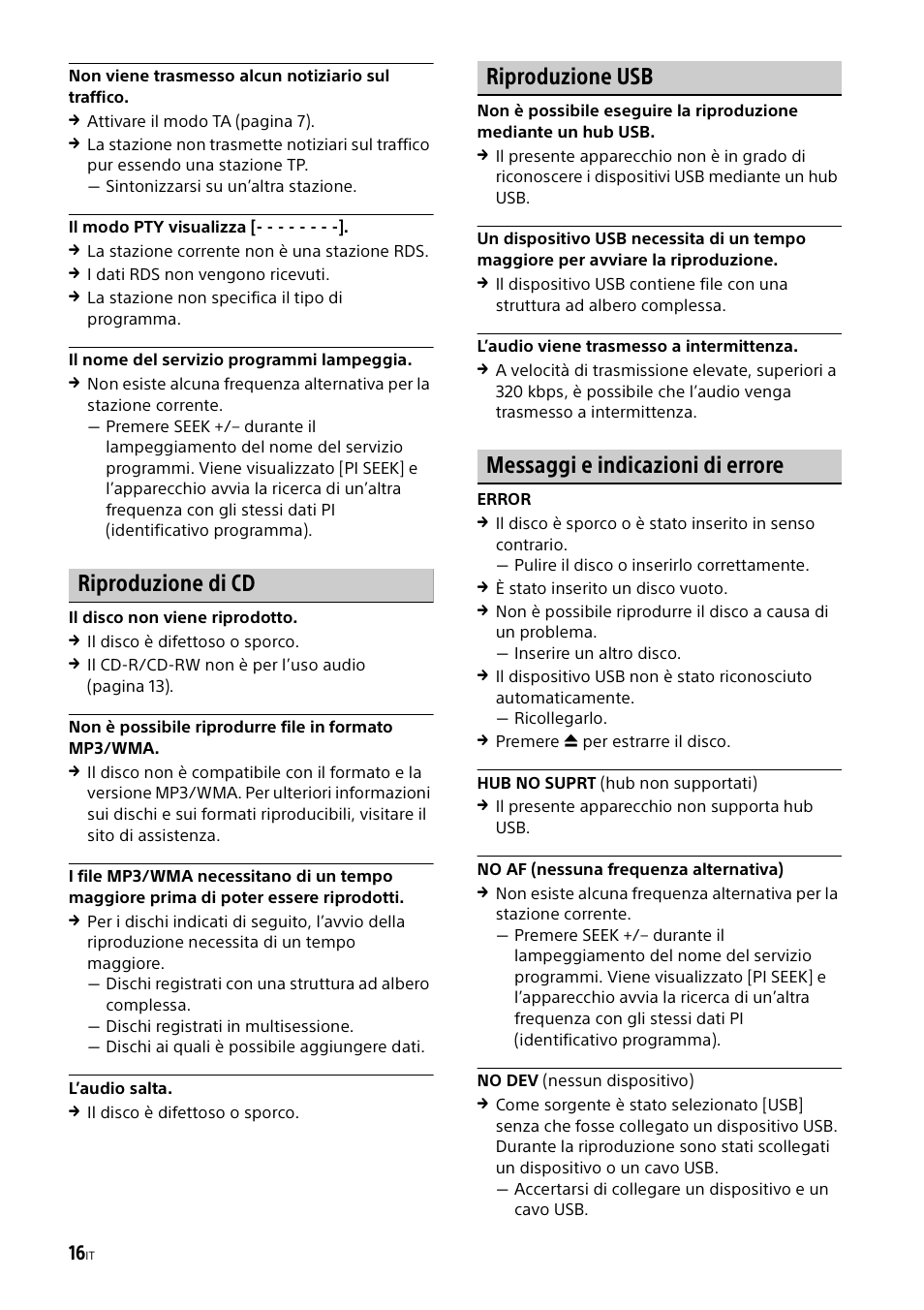 Riproduzione di cd, Riproduzione usb, Messaggi e indicazioni di errore | Sony CDX-G1000U User Manual | Page 66 / 84