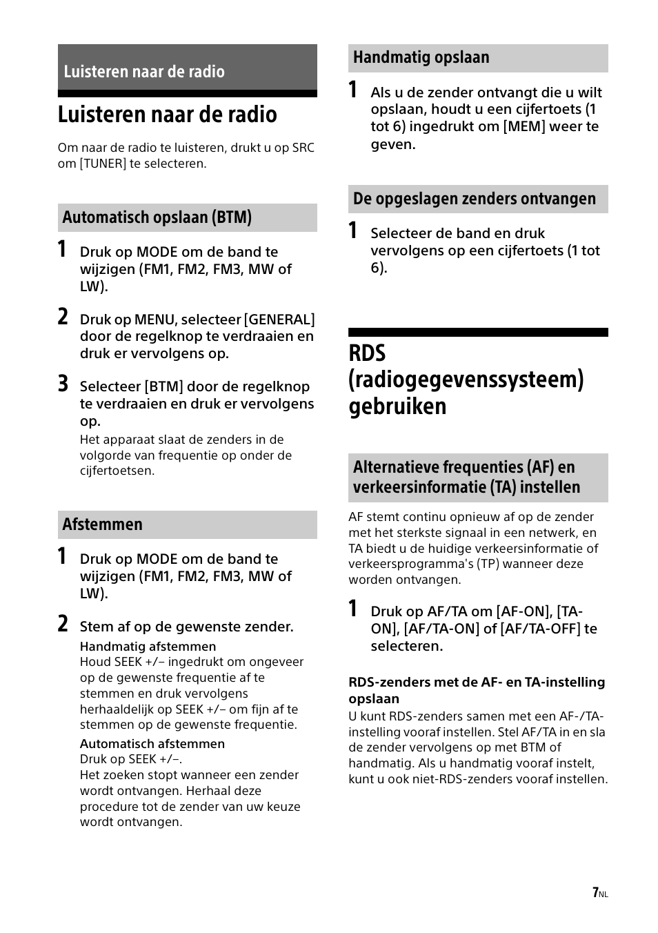 Luisteren naar de radio, Rds (radiogegevenssysteem) gebruiken | Sony CDX-G1000U User Manual | Page 73 / 84