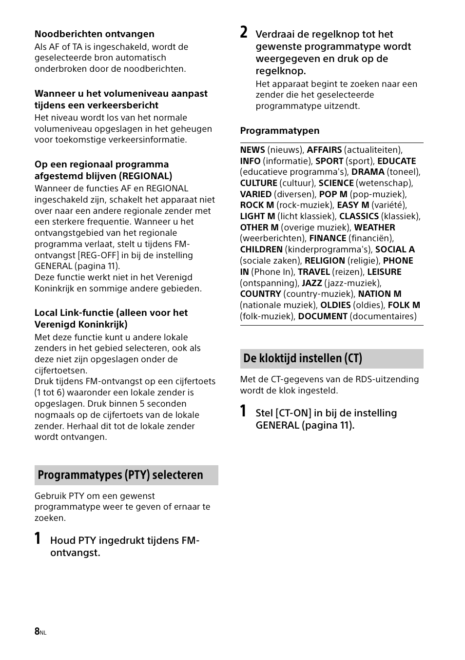 Programmatypes (pty) selecteren, De kloktijd instellen (ct) | Sony CDX-G1000U User Manual | Page 74 / 84