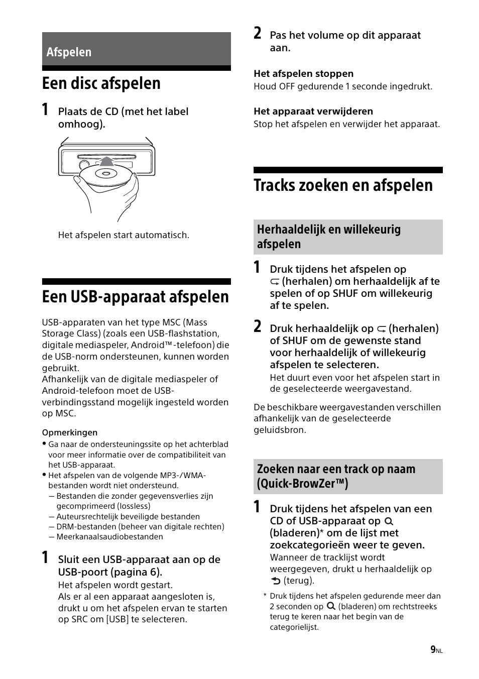 Afspelen, Een disc afspelen, Een usb-apparaat afspelen | Tracks zoeken en afspelen, Een disc afspelen 1, Tracks zoeken en afspelen 1 | Sony CDX-G1000U User Manual | Page 75 / 84