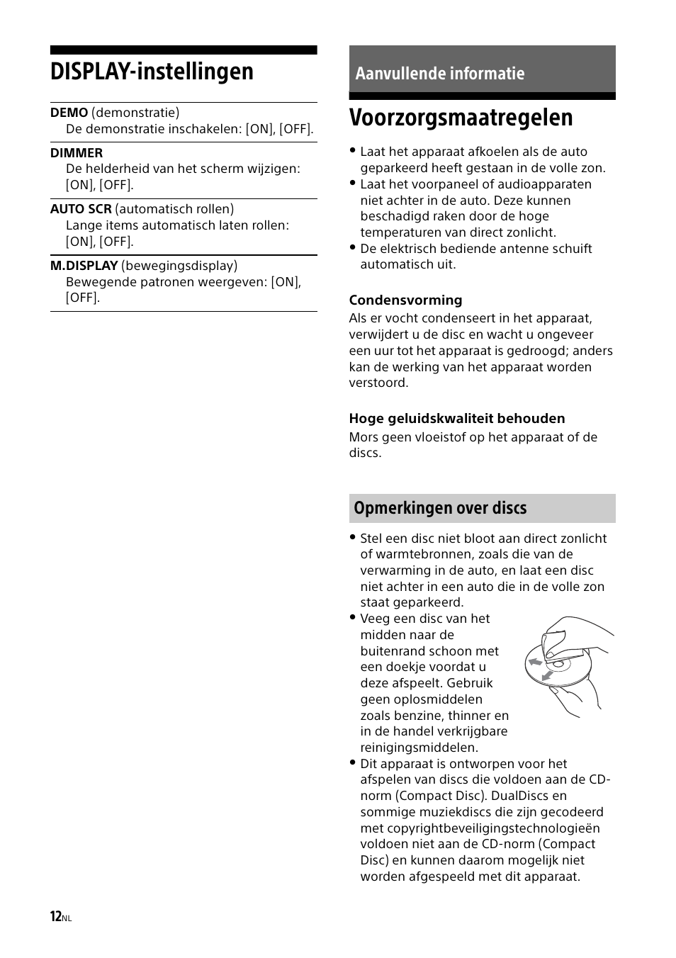 Display-instellingen, Aanvullende informatie, Voorzorgsmaatregelen | Display-instellingen voorzorgsmaatregelen, Aanvullende informatie opmerkingen over discs | Sony CDX-G1000U User Manual | Page 78 / 84