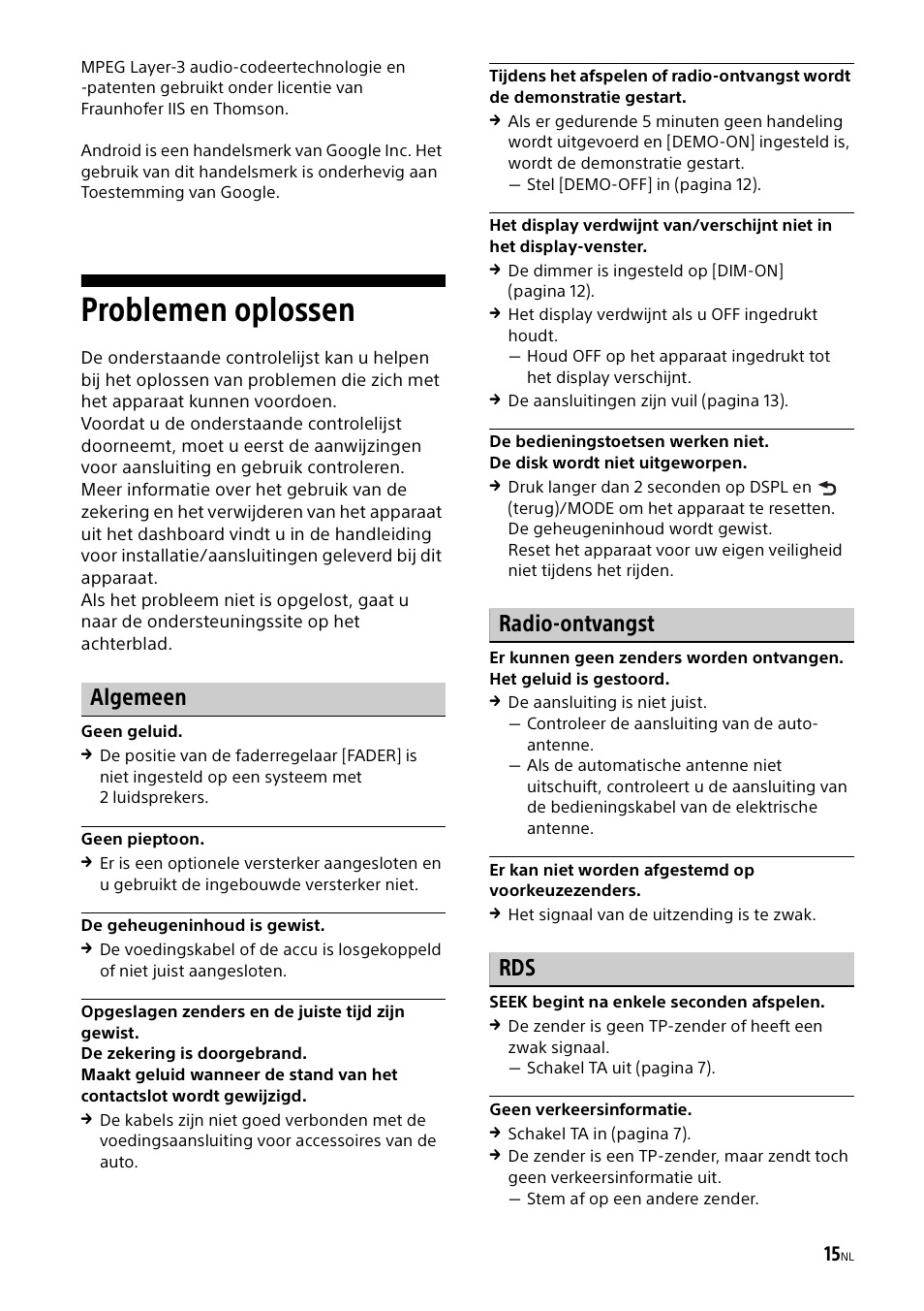 Problemen oplossen, Algemeen, Radio-ontvangst | Sony CDX-G1000U User Manual | Page 81 / 84